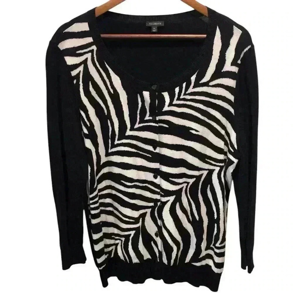 Talbots XL Black and White Zebra Stripe Button Up Cardigan Sweater 3/4 Sleeve - Picture 1 of 5